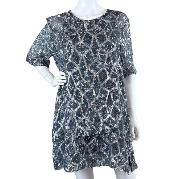 IRO Aliza Metallic Foil Silk Abstract Mini Cocktail Dress Silver Blue FR 40 US 8 - Picture 1 of 11